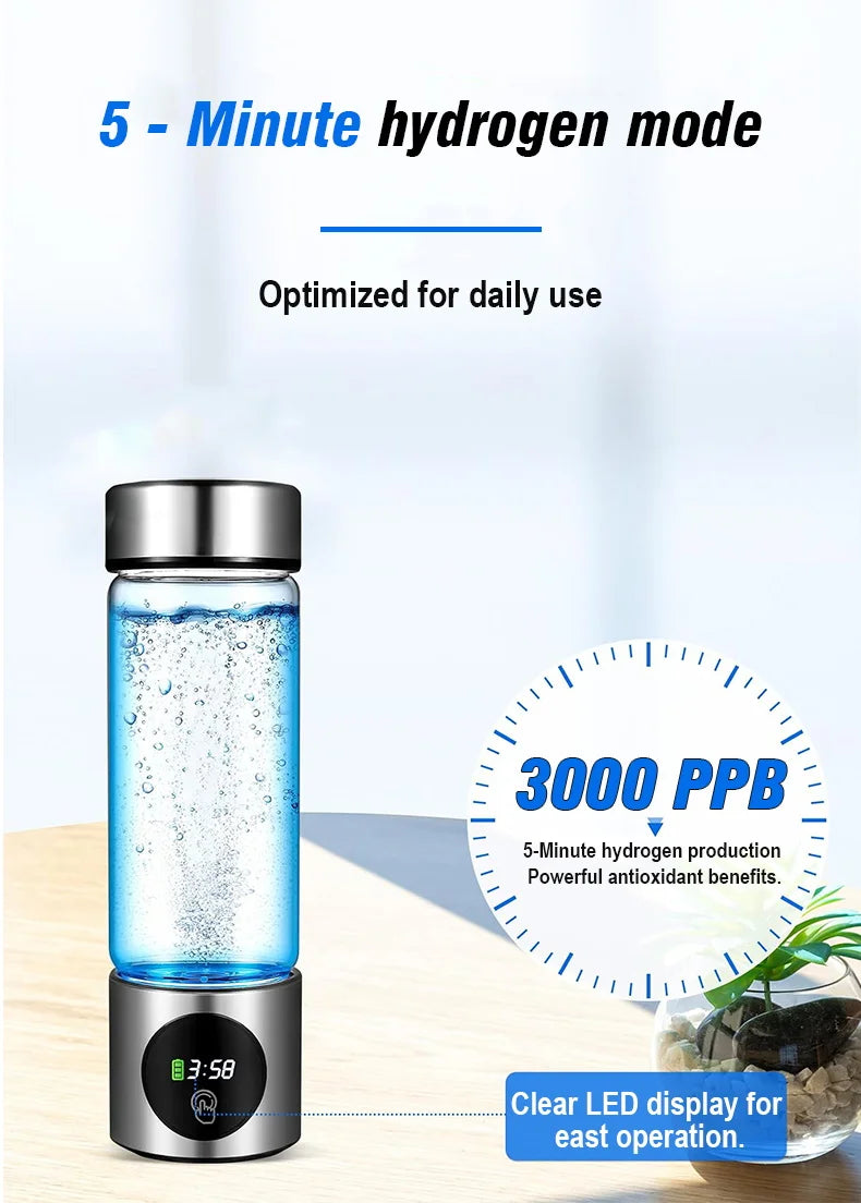 Portable Performance Hydrogen Water Generator Bottle SPE+PEM Dual Chamber lonizer + PPB&Time Display Electrolytic Hydrogen Water.