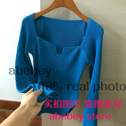 Quadrat Kragen Langarm Frau Pullover Gestrickte Pullover Frauen Frühling Herbst Pullover Winter Tops Für Frauen Schwarz Weiß Jumper