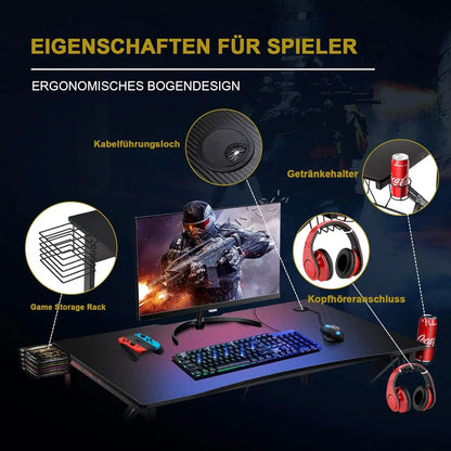 Spieltisch k-förmiger Computer tisch PC-Tisch Schreibtisch mit Getränke halter, Kopfhörer haken und Video regal 115x73 cm