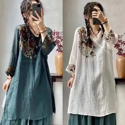 Schwerindustrie besticktes Kleid im Ethno-Stil, mittellang, Sommer, neuer Stil, Retro-Top, Rock mit Neun-Punkt-Ärmeln.