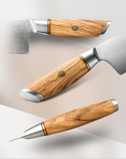 XINZUO 1-8pcs Kitchen Knife Set 73 Layers Custom Damascus Steel 15°±1 Per Side Steel Blade with Olive Wood Handle.