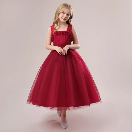 Mädchen Partykleider Weiß Langes Hochzeit Brautjungfer Prinzessin Kleid Abend Tüllkleid Abschlussball Klavier Performance Kleid.