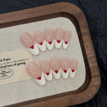 10pcs White Edge French Style Press On Nails Simple Red Love Heart Designs Handmade False Nails Sweet Almond Fake Nail For Girls.