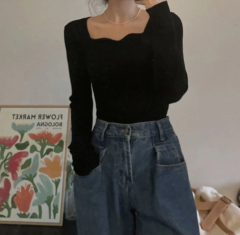 Gestrickte Pullover Frauen Vintage Solide Pullover Herbst Winter Koreanische Elegante Dünne Strickwaren Quadrat Kragen Alle Spiel Jumper Neue.