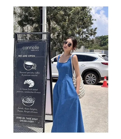 Blue Mist Love Französisches Jeanskleid für Damen, Sommer, einzigartiges Design, Taille, Cinching-Riemen, langes Kleid, elegante blaue Polyesterfaser