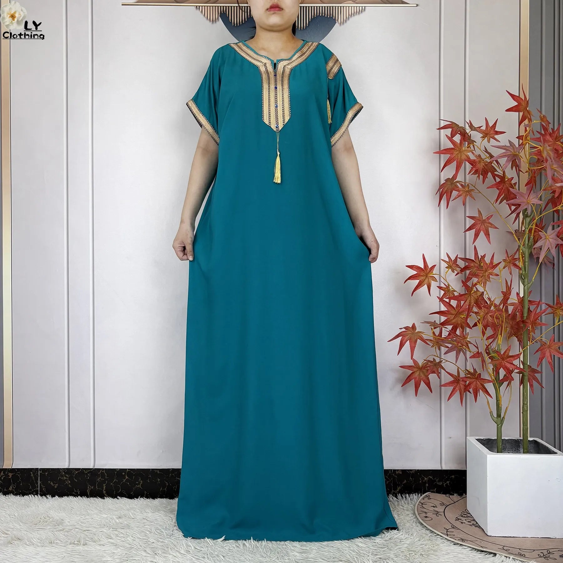 New Muslim Abayas Summer Short Sleeve African Dashiki Tassels Cotton Loose Caftan Lady Maxi Islam Casual Dresses With Headscarf.