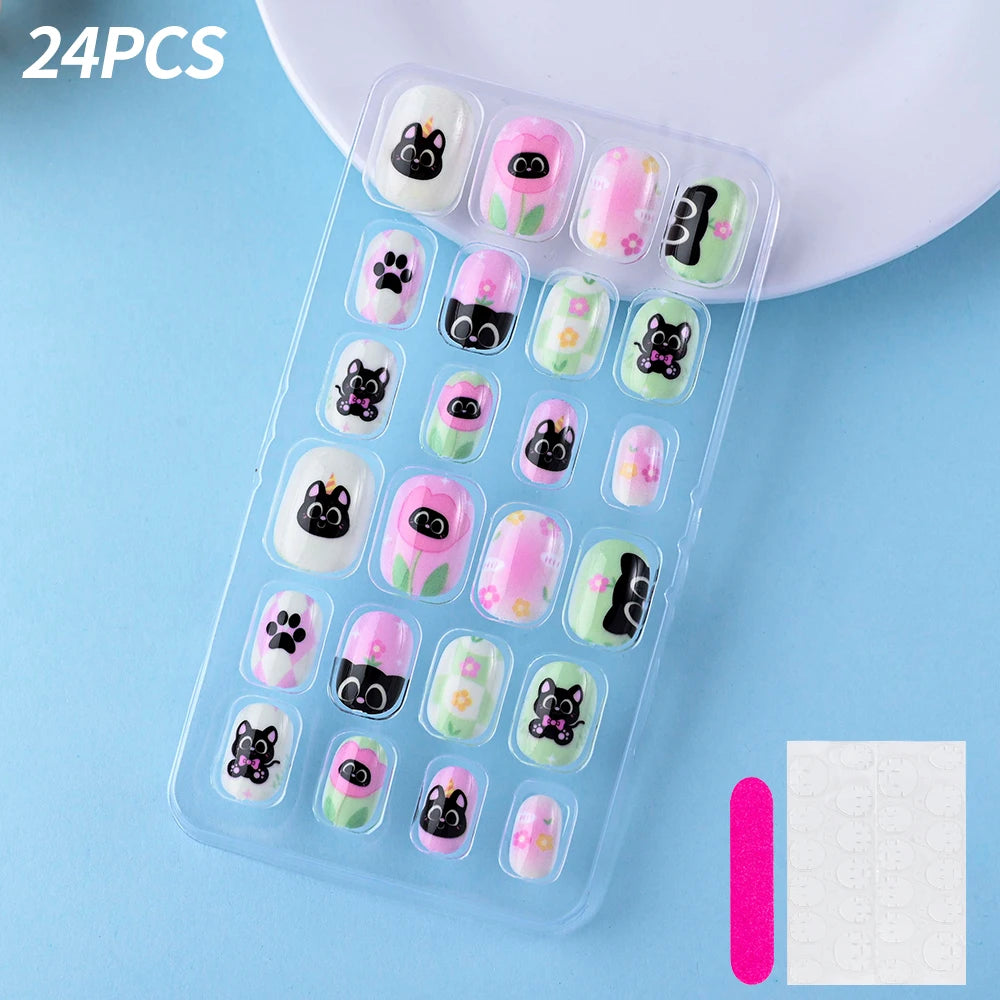 24Pcs/box Kids nails for Girl Cartoon Pattern False Nail Cute Child Fake Nails Tips Kawaii Acrylic Artificial Press on Nail+Tool