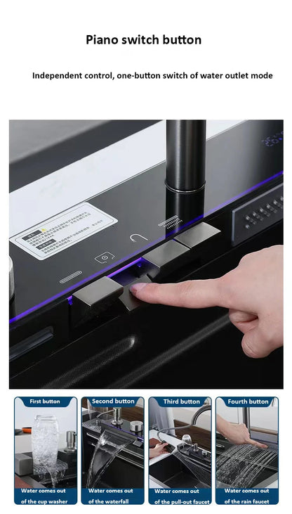 Whale sink kitchen single bowl nano black honeycomb LED digital display flying rain stainless steel large single bowl sink