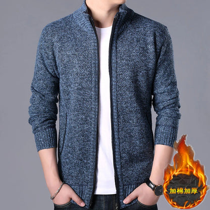New Men's Casual High Collar Long Sleeve Knitted Top with Velvet Warmth for Autumn and Winter Fashion Multi Functional Jacket.