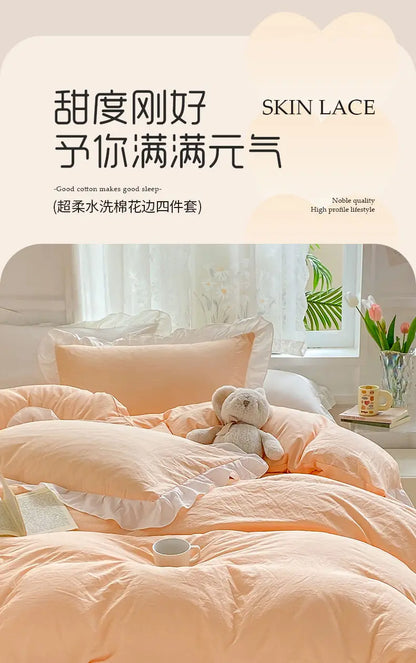 Korean Princess Style Duvet Cover Set No Filling Pink Blue Soft Washed Cotton Girls Favorite Ruffles Bed Linen Pillowcases.