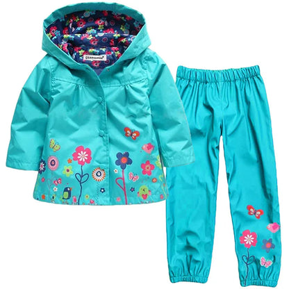 Spring Autumn Waterproof Girls Clothing Sets Flower Pattern Raincoat Coat + Pant 2Pcs Girls Suits 2 3 4 5 6 Years Kids Clothes.