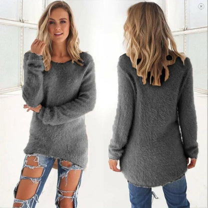 Frauen warmen Pullover einfarbig o Hals lose Baumwolle gestrickt Pullover langen Pullover lässig übergroße Bluse Damen Hipster Kleidung