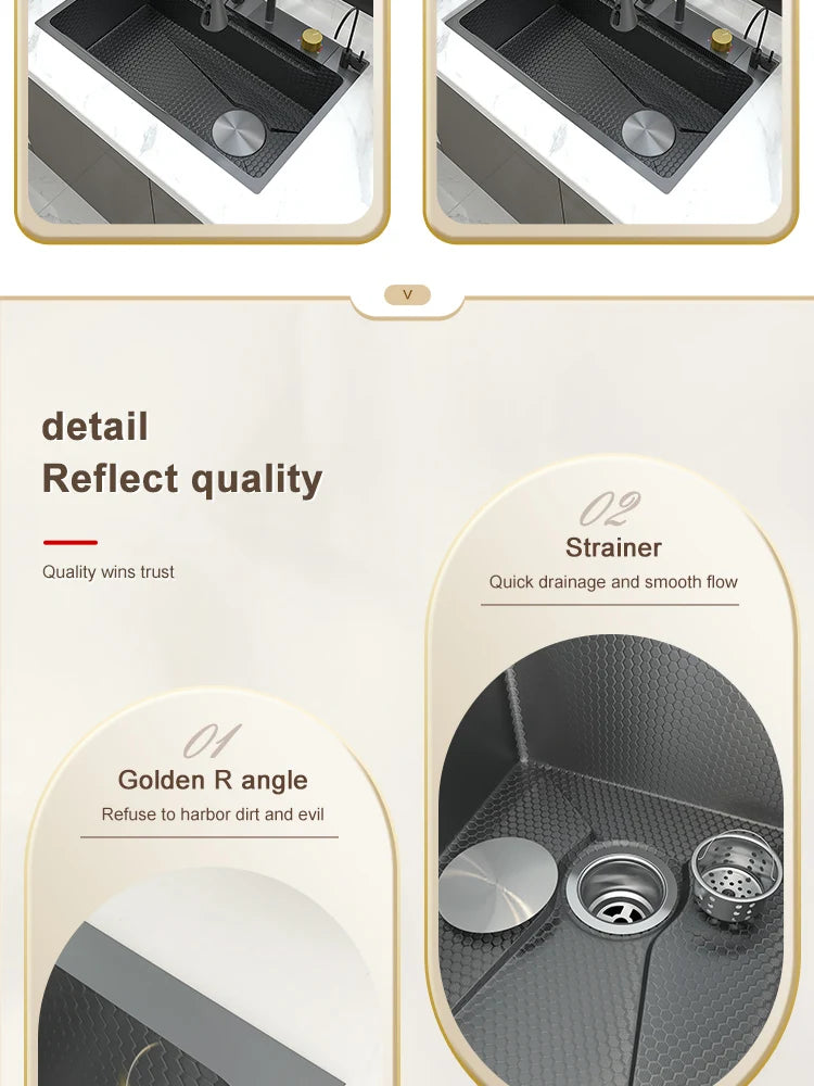 Waterfall Sink Kitchen Stainless Steel Topmount Sink Embossed Large Single Slot Wash Basin With Multifunction Tank Low Price