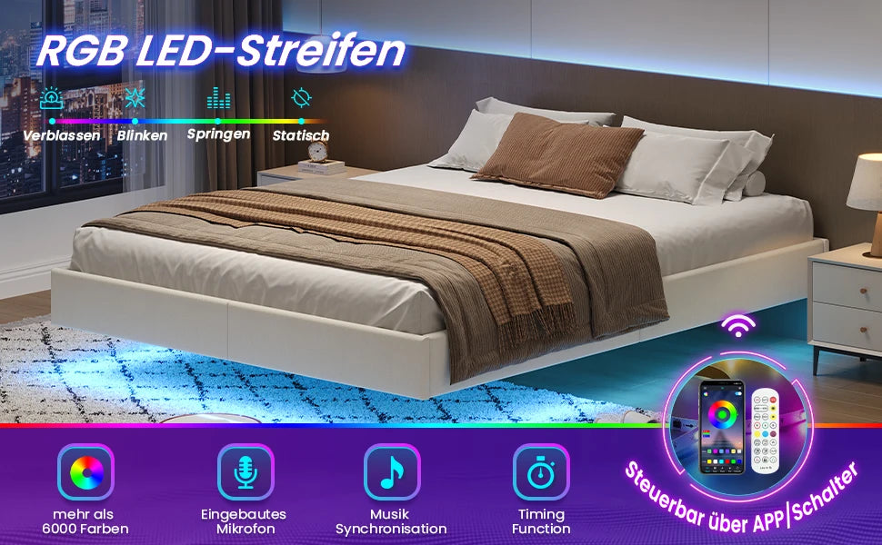 140x200 cm Polsterbett mit LED-Beleuchtung, schwebendes Bettgestell mit visuellem Effekt und Lattenrost, Bett 140x200 cm Bettrahmen