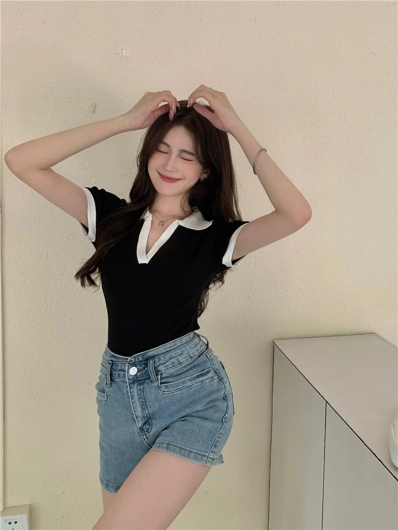Jielur Spell Color Polo Knitting Women's Blouses Slim Sexy Short Sleeve Summer New Casual Female Blouse Chic Simple Office Lady