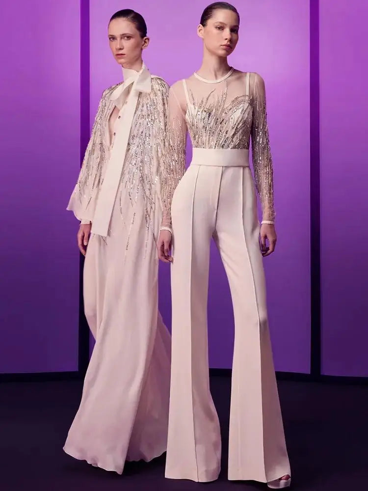 HIGH STREET Newest 2024 Designer Runway Fashion Women's Mesh Splicing Sequin Diamonds Beaded Jumpsuit.