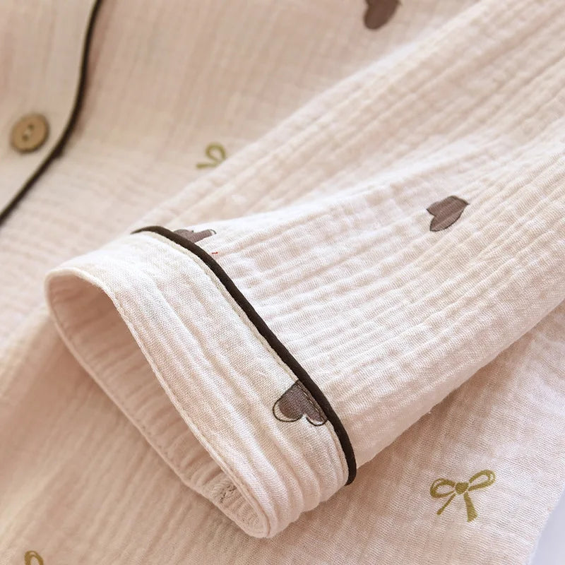 2025 neue Frühjahr/Sommer frauen Pyjama Set 100% Baumwolle Crepe Nette Liebe Langarm Lange Hosen Zwei Stück set Strickjacke Hause Kleidung.