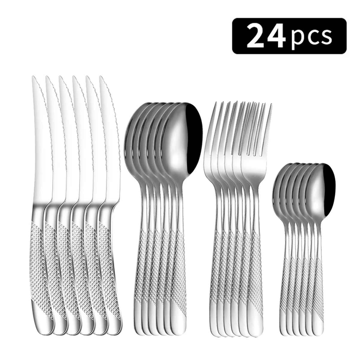 24pc Stainless steel tableware star steak knife and fork dessert fork spoon family suits.