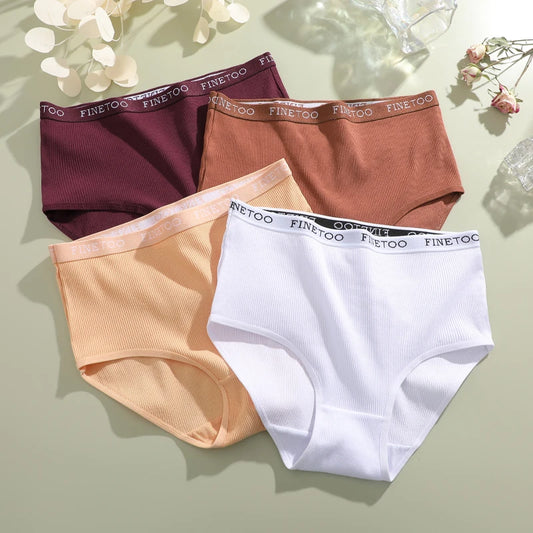 4Pcs/Set Women's Ribbed Striped Cotton Briefs Plus Size Panties Lady High Waist Breathable Underwear Solid Lingerie Shorts S-XXL.