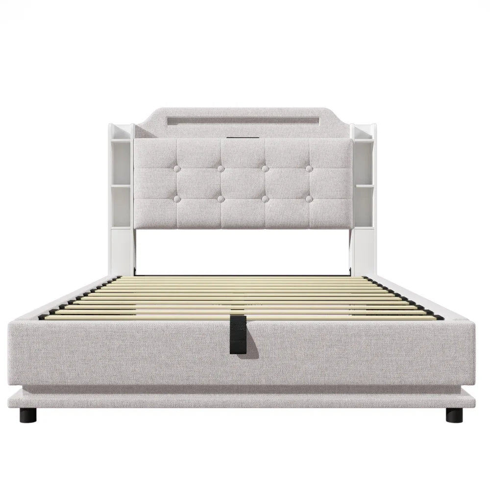 140*200cm Polsterbett mit LED-Lichtleiste und mehreren Ablagefächern, für Schlafzimmerwäsche, Beige (ohne Matratze)