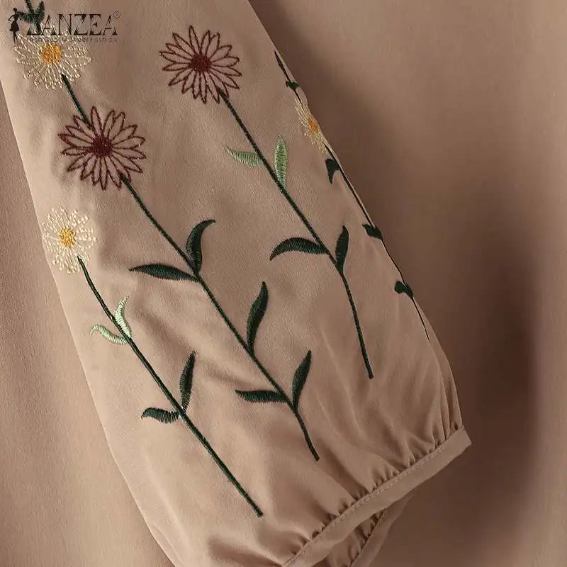 ZANZEA Fashion Women 3/4 Sleeve Embroidery Blouse Pants Sets Autumn 2PCS Floral Tracksuit Casual Loose Wide Leg Trousers Suits.