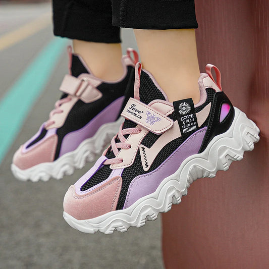 Fashion Children Shoes Girls Sneaker Black Pink PU Leather Platform Casual Sneaker School Tennis Sports Shoes for Girls.