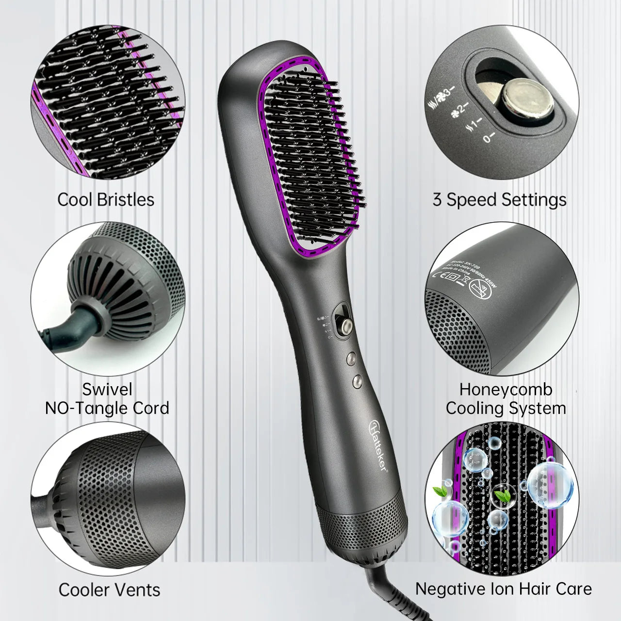 Hatteker Hot Air Comb Styling Comb for Straight Curly Electric Hot Air Brush Women Anion Heating Comb Hair Straightening Brush.