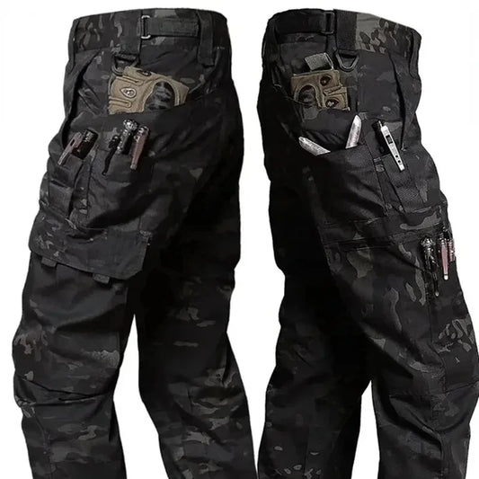 Black Camo Cargo Pants Outdoor Multi-pocket Ripstop Waterproof Trousers Male Autumn Wear-resistant Training Fishing Work Pant.