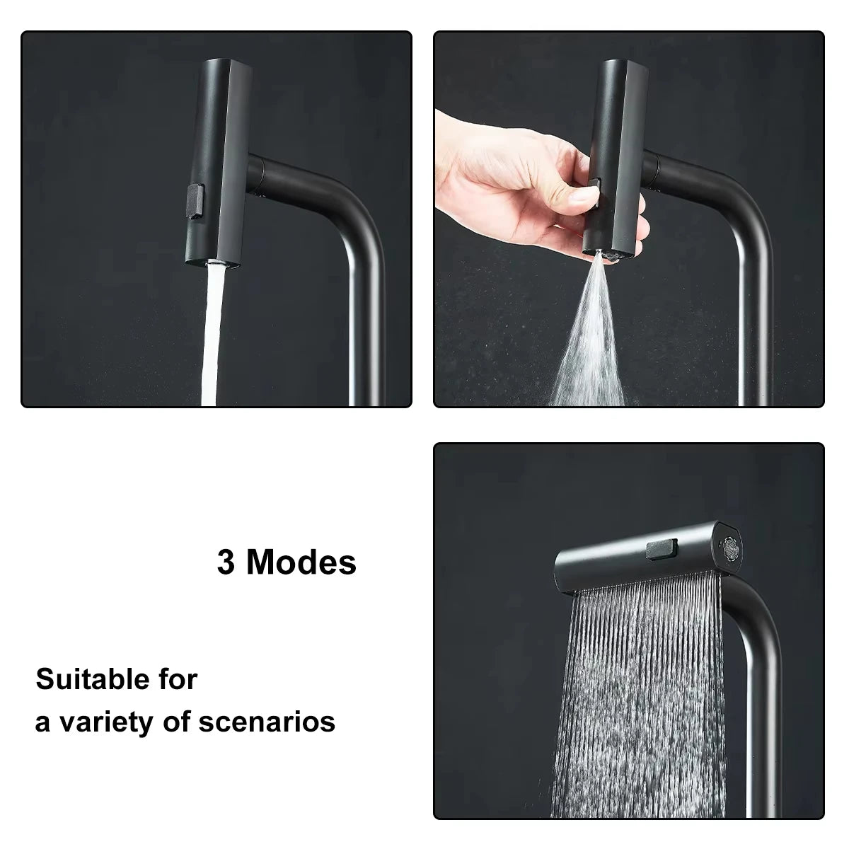 Gunmetal grey pull-out kitchen sink faucet, water flow spout, stainless steel, hot and cold water mixer, deck mounted faucet