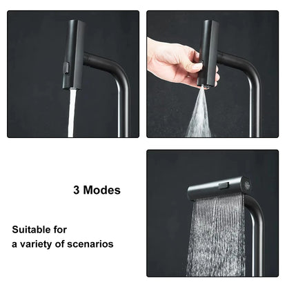 Gunmetal grey pull-out kitchen sink faucet, water flow spout, stainless steel, hot and cold water mixer, deck mounted faucet