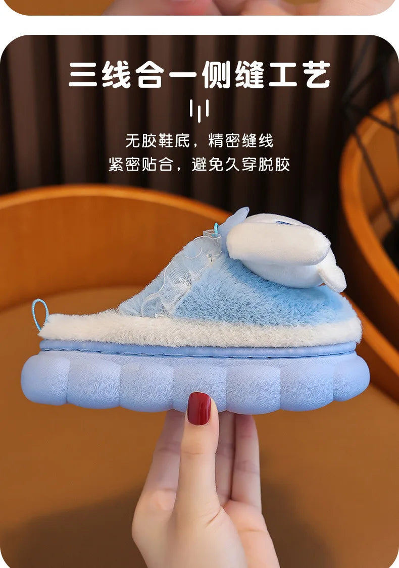 Sweet Family Winter Warm Slippers Cute Kawaii Sandals Kuromi My Melody Hello Kitty Soft Sole Shoes.