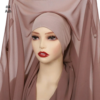 Chiffon Instant Hijab With Bulit-in Magnets Muslim Woman Hijab Solid Color Easy To Wear Shawl Wrap With Undercap Famme Headscarf