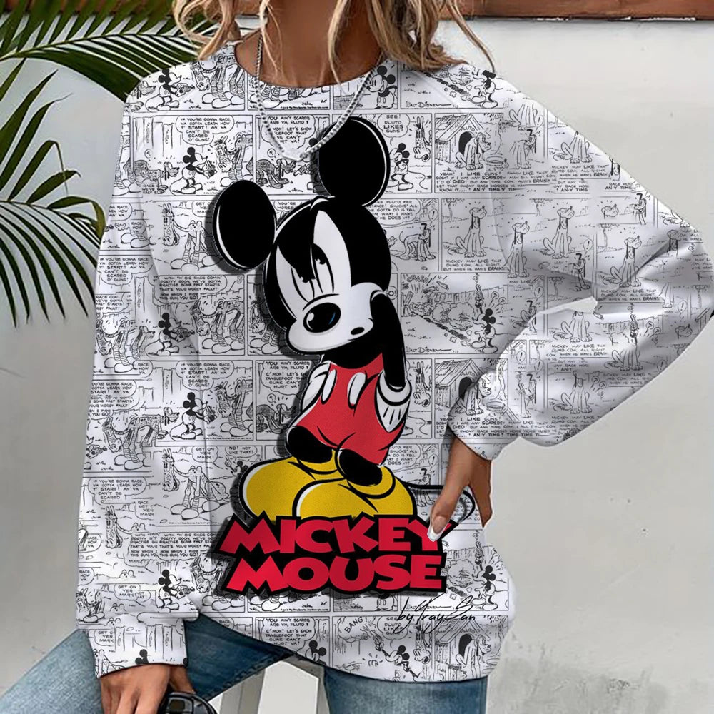 Damen-Sweatshirt mit Mickey-Mouse-Aufdruck, High-Street-Damen-Hoodie, Kleidung mit Y2K-Muster, lässiger Rundhalspullover.