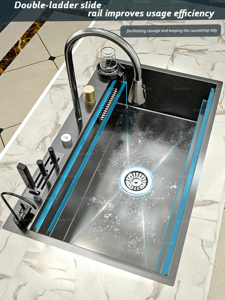 Stainless Steel Kitchen Sink Waterfall Outlet Faucet Multifunctional Large Single Slot Convenient Dishwashing and Vegetable Sink