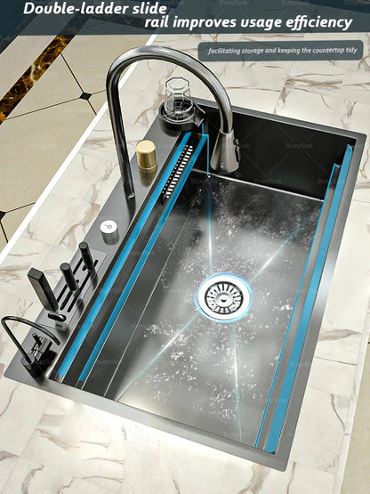 Stainless Steel Kitchen Sink Waterfall Outlet Faucet Multifunctional Large Single Slot Convenient Dishwashing and Vegetable Sink