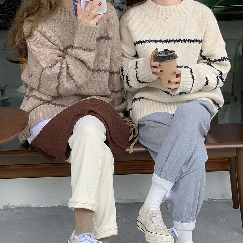 Herbst Winter Gestreiften Pullover Pullover Frauen Gestrickte Shirts Lange Hülse Lose Mock Neck Outwear Casual Pullover Tops Strickwaren.