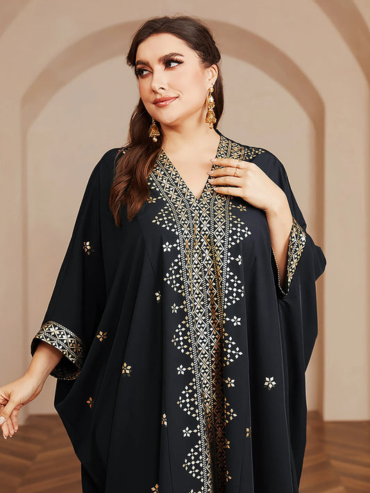 Wow! Langarm-Abaya in Übergröße mit Goldfolie – atemberaubendes arabisches Kleid, steigern Sie Ihren Stil für jede Veranstaltung!.