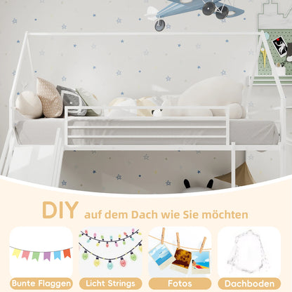 Twin Over Twin Etagenbett mit Rutsche für Kinderzimmer, hausförmiges Bettgestell mit Leiter, kein Boxspringbett erforderlich und einfach zu installieren