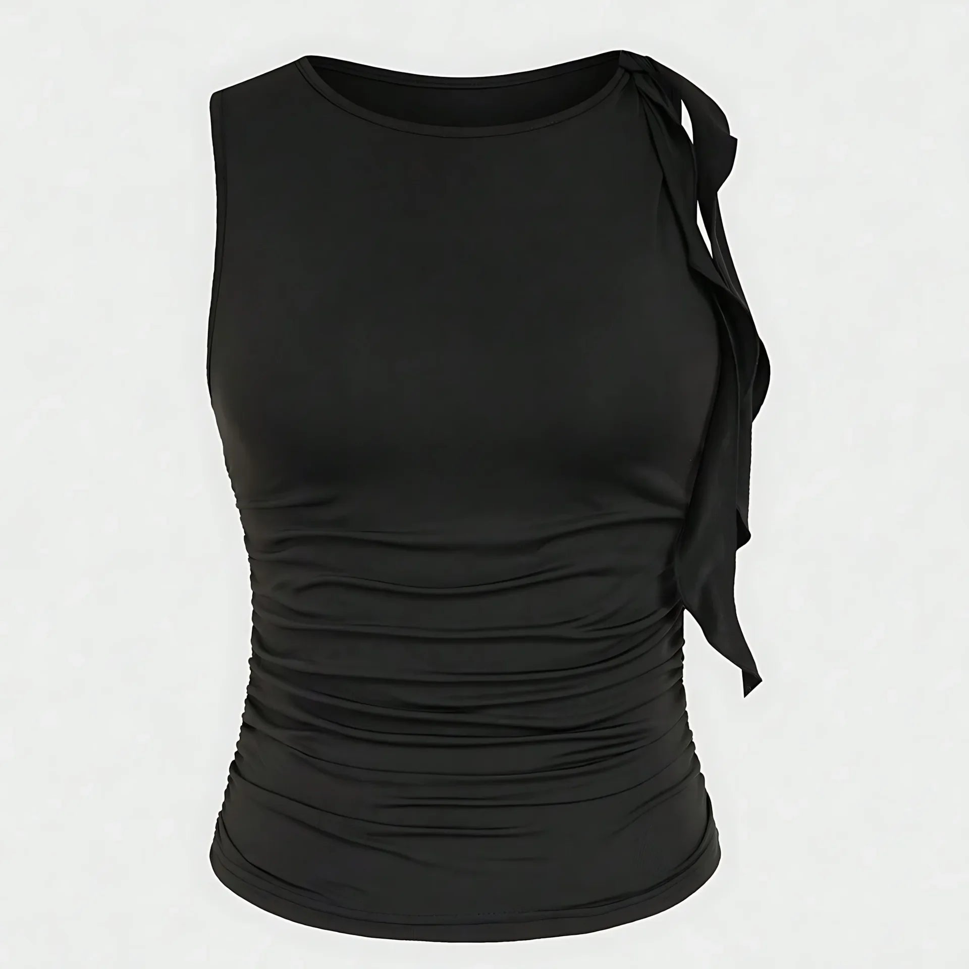 Slim Fit Basic Style Sleeveless round Neck Wrap Single Shoulder Vest Summer Waist Pleated Design Sexy Collarless Tank Top.