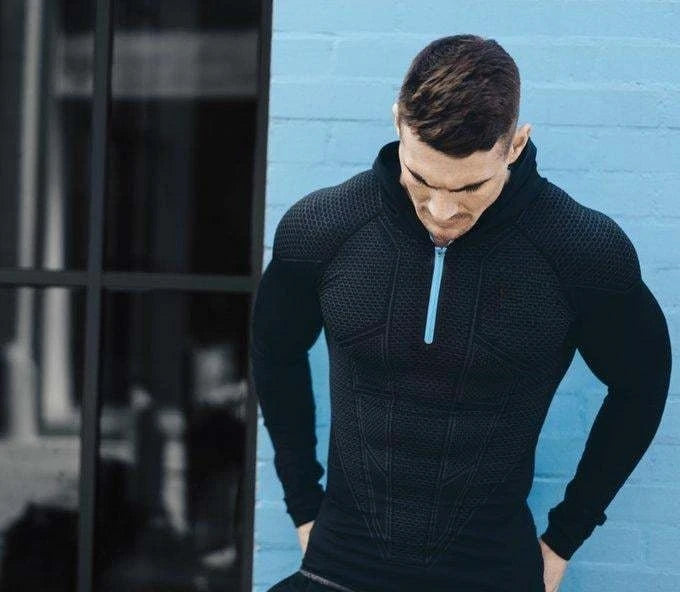 Men's Quick Dry Breathable Slim Fit Elastic Hooded Zipper Long Sleeve Fitness T-Shirt for Gym Sports Casual.