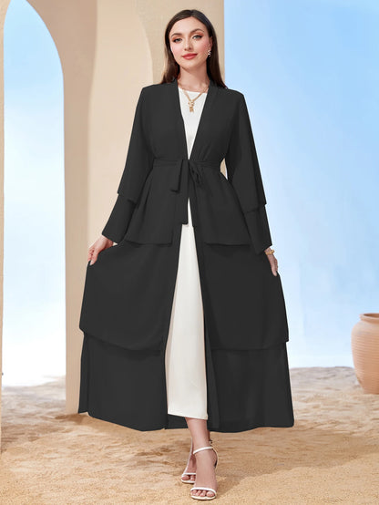 Ramadan kebaya Layered Open Front Abaya, Long Sleeve Dress With Belted , Without Hijab, Women's Clothing.