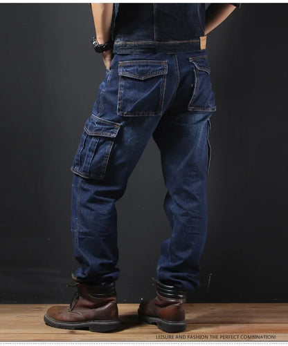 Men's Autumn/Winter Multi-Pocket Straight-Leg Cargo Pants Loose Fit Plus Size Plus Beefy Jeans Casual Comfortable Denim Trousers.