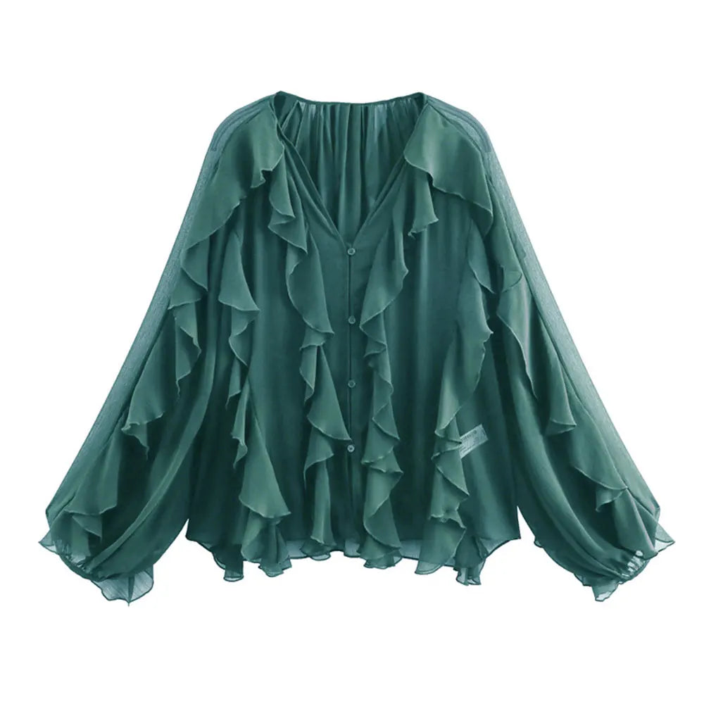 Women Fashion With Ruffles Semi-sheer Blouses V Neck Long Sleeve Button-up Female Shirts Chic Tops.