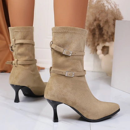 Pointed Toe High Heel Ankle Boots Women Fashion Buckle Decor Stiletto Heel Boots Woman Autumn Winter Slip On Short Booties Mujer.