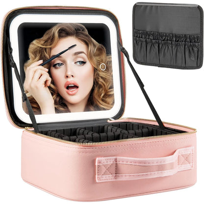 Makeup Bag with LED Mirror Travel Large Train Case Cosmetic Organizer Make Up Bags with 3 Color Lights and Adjustable Dividers.