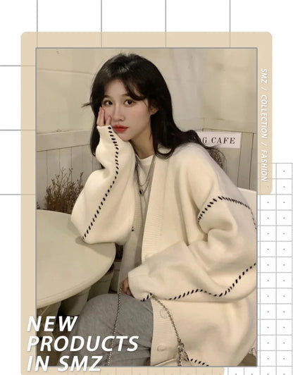 Women's Sweater Coat In Autumn and Winter V-neck Sweaters Jacket To Keep Warm and Loose Wild Academic Style Chic Cardigan.