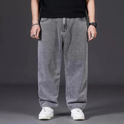 Plus Size Jeans Men's Autumn Loose-Fit Straight-Leg Casual Denim Pants Elastic Waist Wide-Leg Design For Plus Size Men