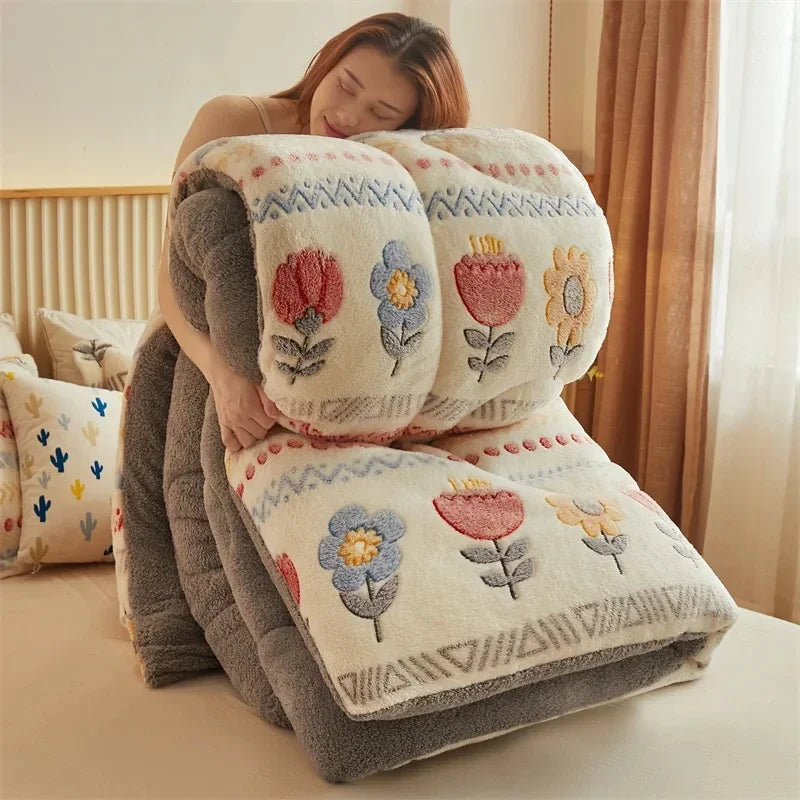 Winter Thicken Blanket Quilt Lamb Wool Double Layer Thick Warm Blanket 150/180/200 Comforter Throw Blankets for Beds Bedding 이불.