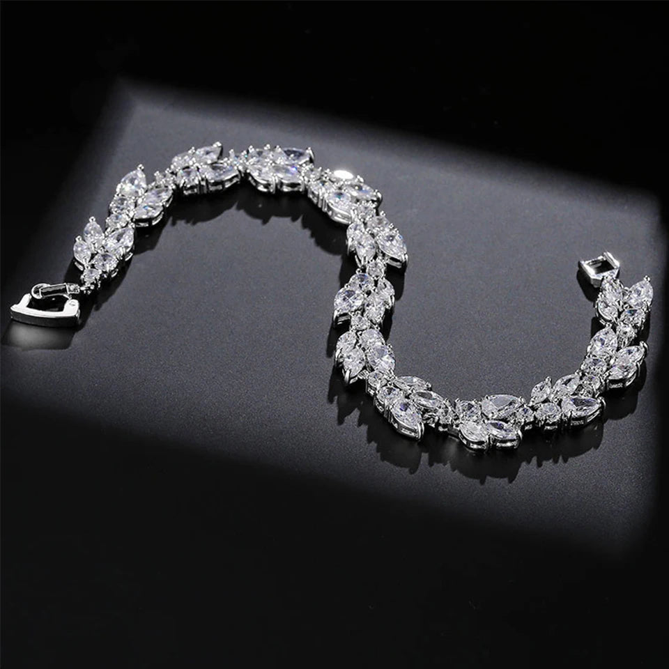 ZAKOL Luxury AAA Cubic Zirconia Wedding Bracelets for Women High Quality White Gold Color Leaf Charm Bracelet Bangles.