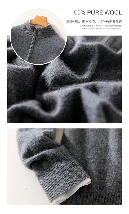 Autumn Winter Men's 100% Merino Wool Sweater Mock Collar Half Zip Knitted Pullover Cashmere Sweatshirt Casual Long Sleeved Tops.